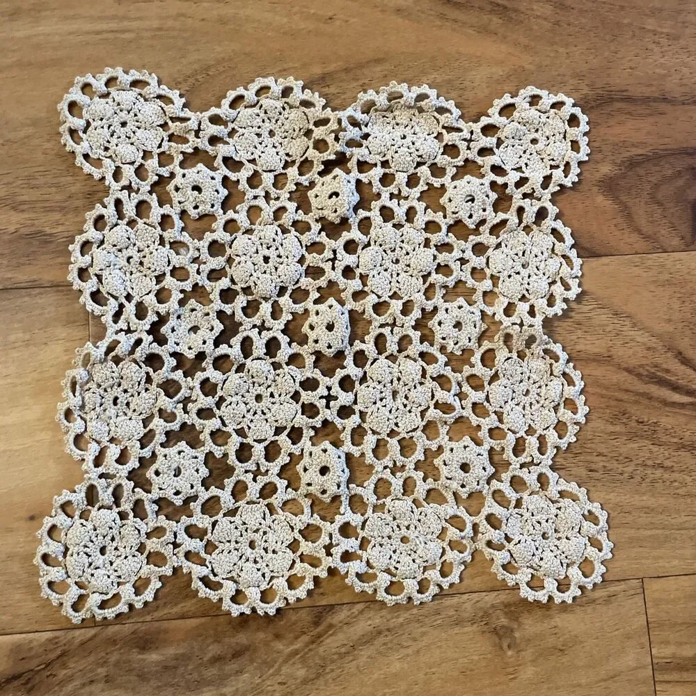 Pair Of Square Vintage Doilies Handmade Crochet Decor Ivory Cottagecore